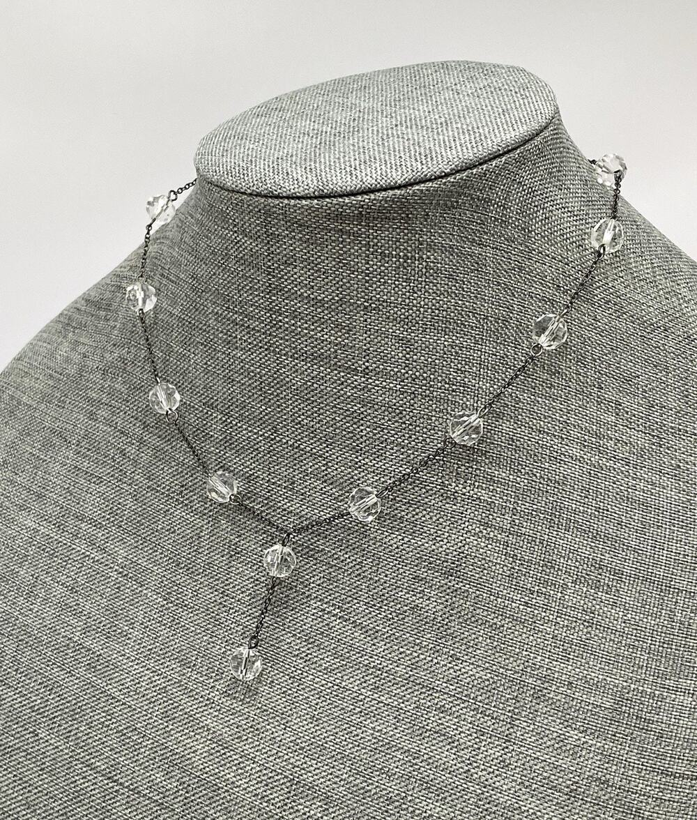 Necklace Clear Faceted Glass Beads Black Chain Artisan Vintage 16.5”+2.5”